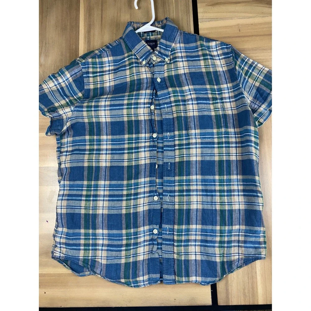 J.Crew Men's Blue Plaid Linen‎ Cotton Shirt Slim Fit Size L Short Sleeve